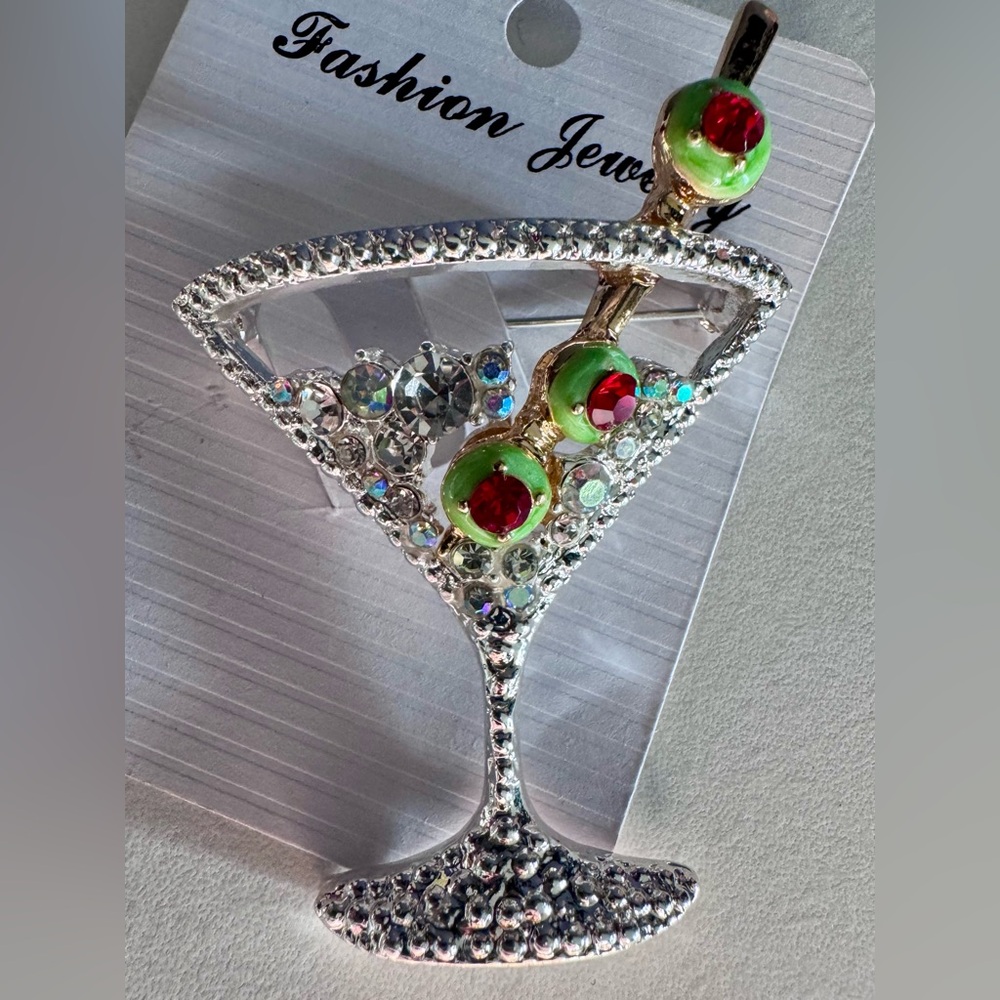 Fashion Jewelry Silver and Green Martini Brooch